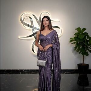 Elegant Purple Saree with sequins work (full stitched blouse with sleeve)